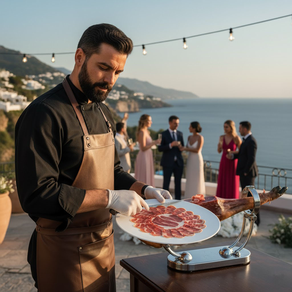 Long table reception through an olive grove with crystal glassware and candlelight