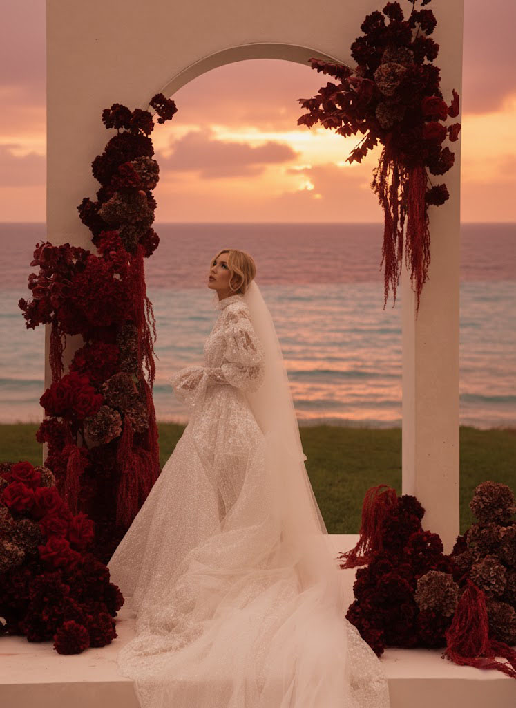Sunset ceremony on a stone terrace with floral arch overlooking the Mediterranean